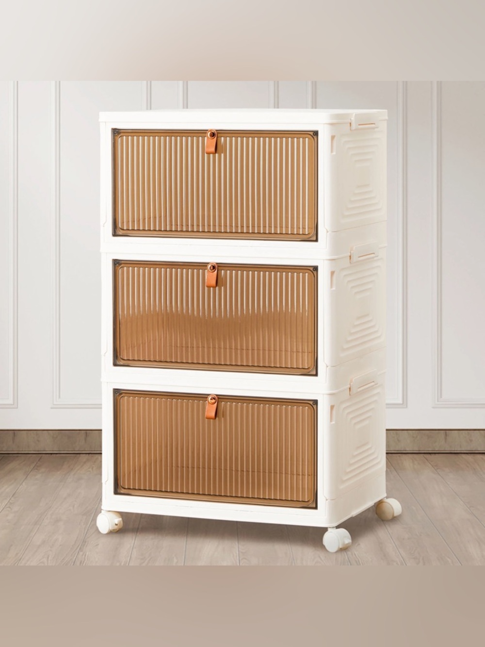 3-Tier Stackable Plastic Storage Bins with Lid, 23QT Foldable w/ Magnetic Door